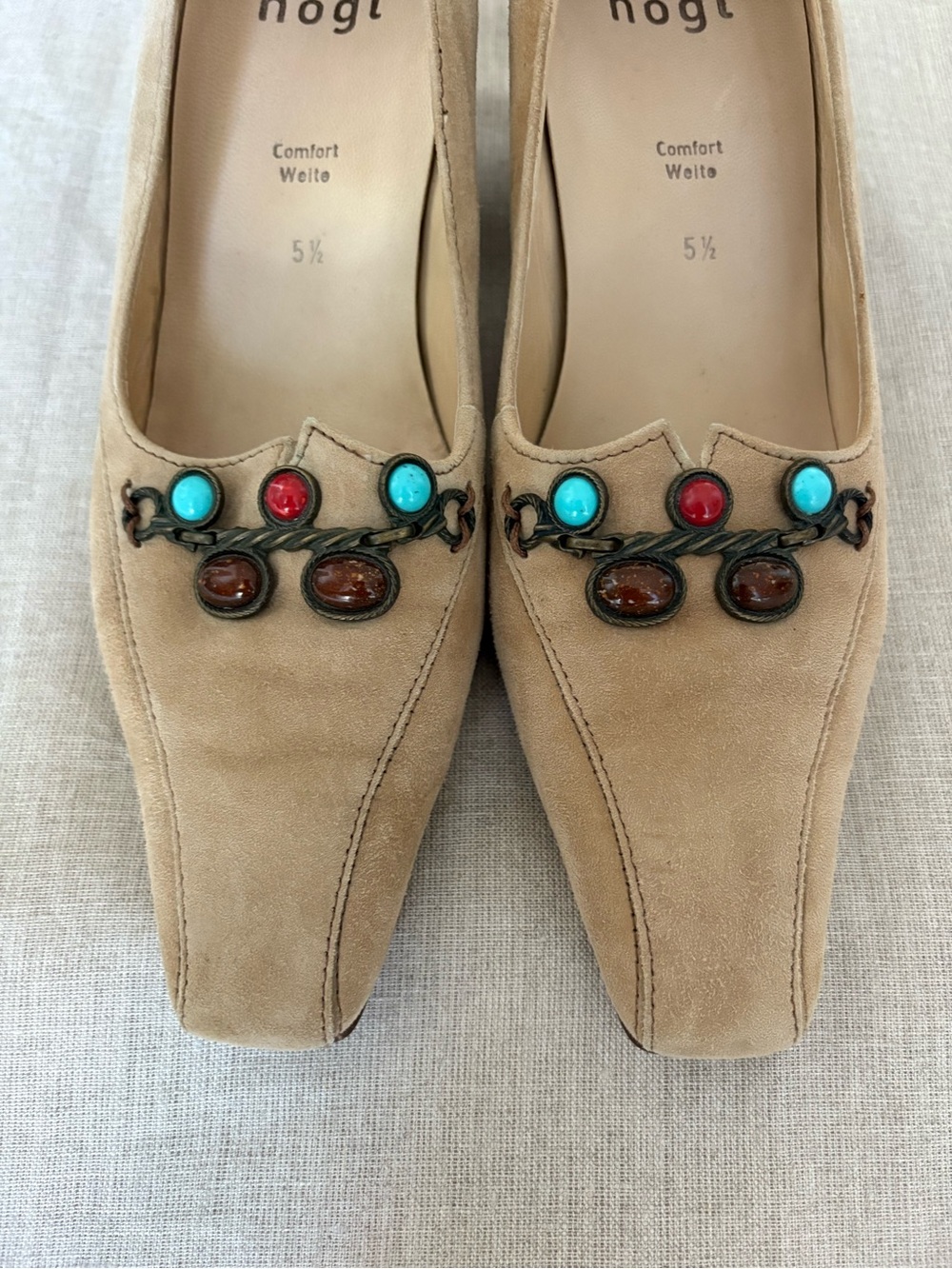 Högl Taupe Suede Pointed-Toe Embellished Heeled Loafers with Stone Detail